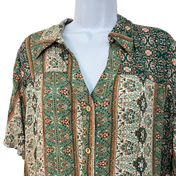 Easel Floral Earthy Geometric Babydoll Dress Sage Green Retro Flair Indie Sz 1X - Picture 4 of 11